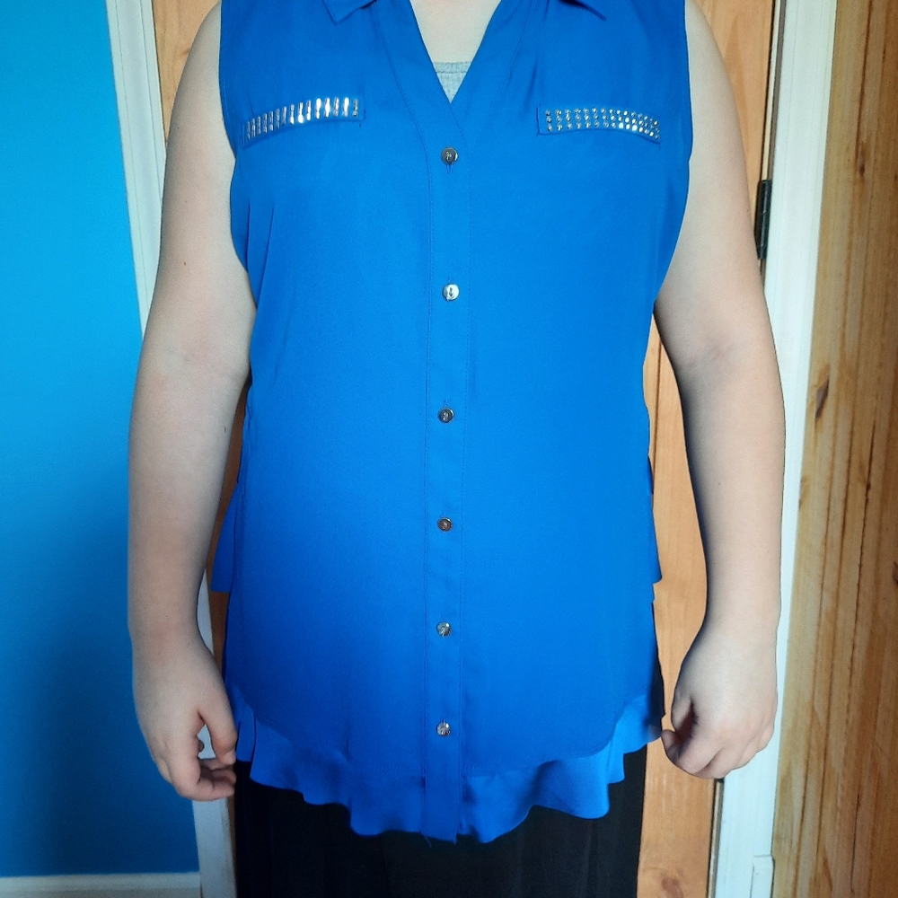 Alfani Womens Sleeveless Blouse Blue Button Up Rhinestone Pocket 